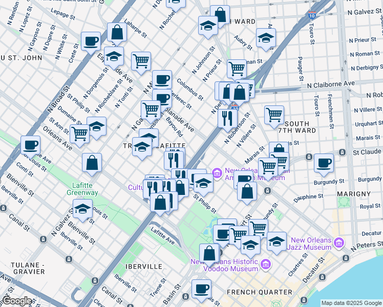 map of restaurants, bars, coffee shops, grocery stores, and more near 1723 Governor Nicholls Street in New Orleans