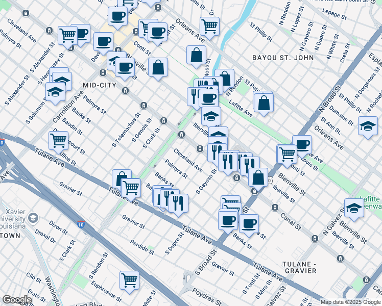 map of restaurants, bars, coffee shops, grocery stores, and more near 3222 Canal Street in New Orleans