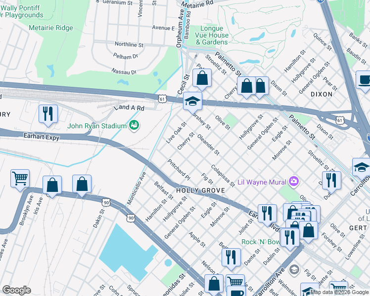 map of restaurants, bars, coffee shops, grocery stores, and more near 9208 Colapissa Street in New Orleans