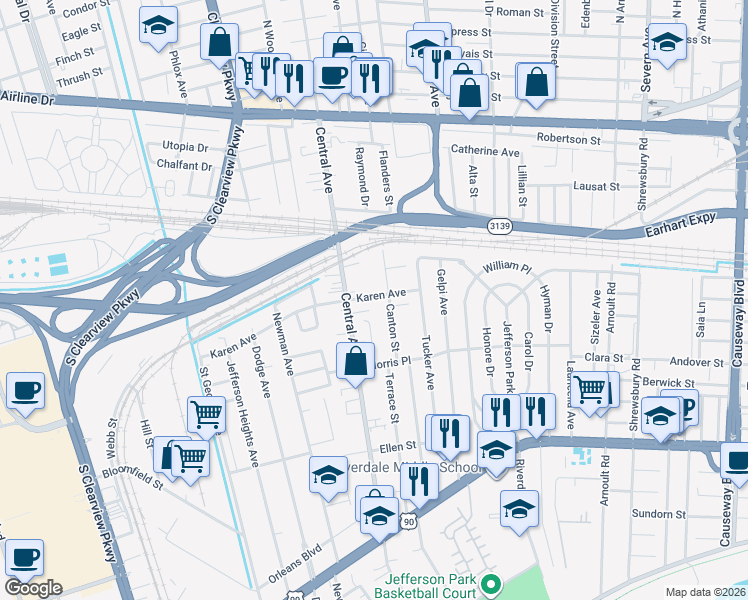 map of restaurants, bars, coffee shops, grocery stores, and more near 4314 Karen Avenue in Jefferson