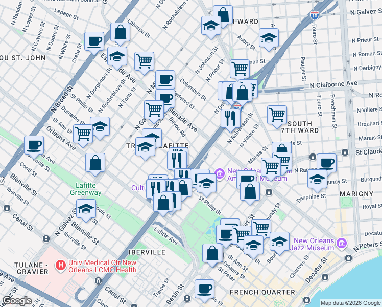 map of restaurants, bars, coffee shops, grocery stores, and more near 1723 Governor Nicholls Street in New Orleans