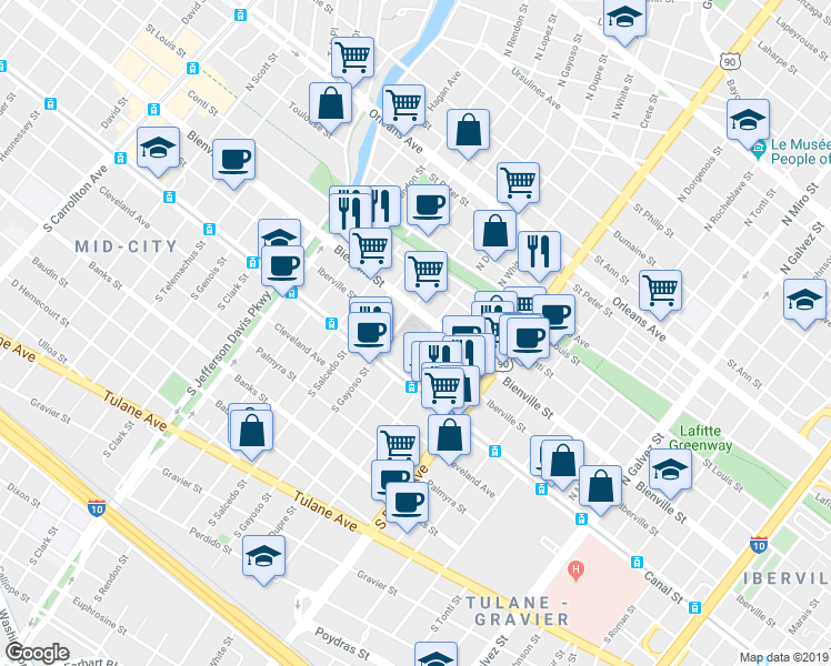 map of restaurants, bars, coffee shops, grocery stores, and more near 2900 Bienville Street in New Orleans