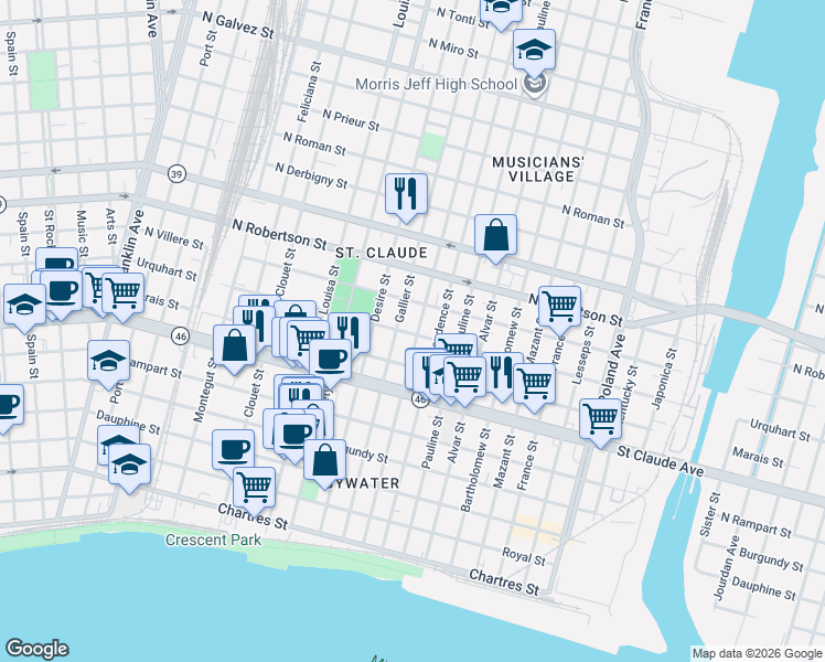 map of restaurants, bars, coffee shops, grocery stores, and more near 3425 Urquhart Street in New Orleans
