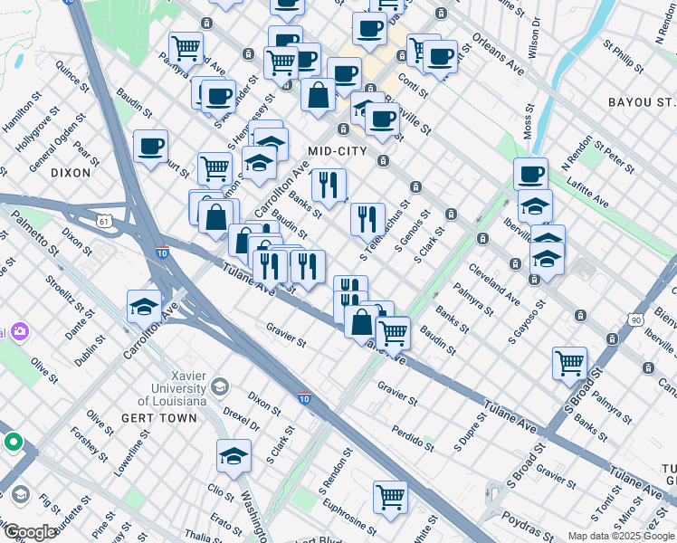 map of restaurants, bars, coffee shops, grocery stores, and more near 3720 Baudin Street in New Orleans