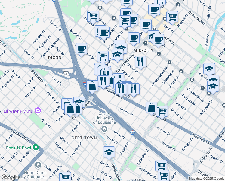 map of restaurants, bars, coffee shops, grocery stores, and more near 4025 U.S. 61 in New Orleans