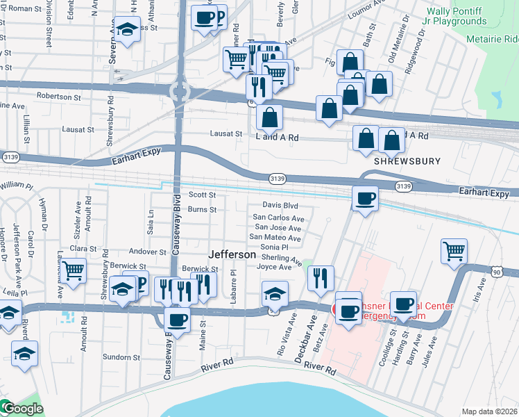 map of restaurants, bars, coffee shops, grocery stores, and more near 12 Davis Boulevard in Jefferson