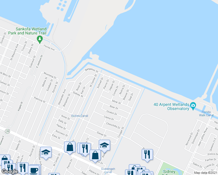 map of restaurants, bars, coffee shops, grocery stores, and more near 140 Jaguar Drive in Arabi