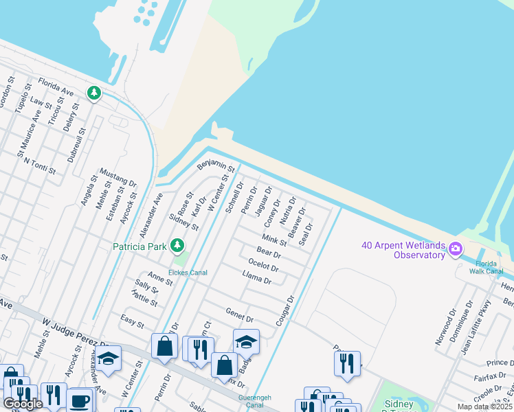 map of restaurants, bars, coffee shops, grocery stores, and more near 140 Jaguar Drive in Arabi