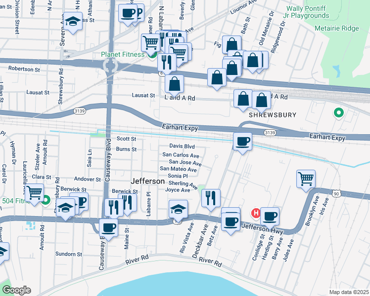 map of restaurants, bars, coffee shops, grocery stores, and more near 31 Davis Boulevard in Jefferson