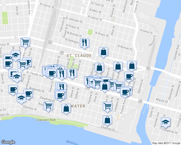 map of restaurants, bars, coffee shops, grocery stores, and more near 1310 Independence Street in New Orleans