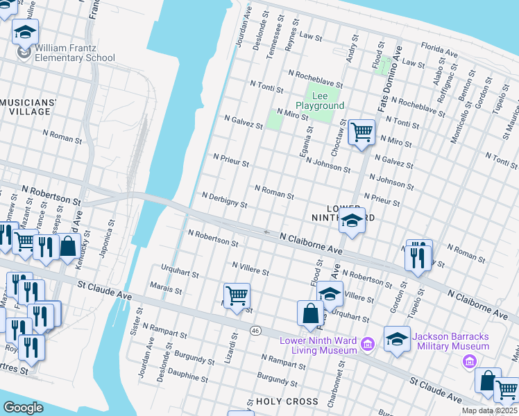 map of restaurants, bars, coffee shops, grocery stores, and more near 1703 Forstall Street in New Orleans