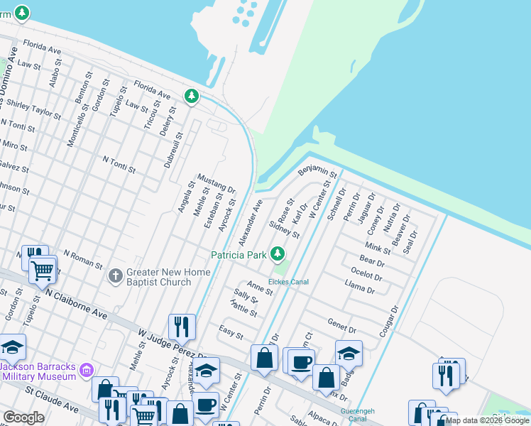 map of restaurants, bars, coffee shops, grocery stores, and more near 1904 Benjamin Street in Arabi