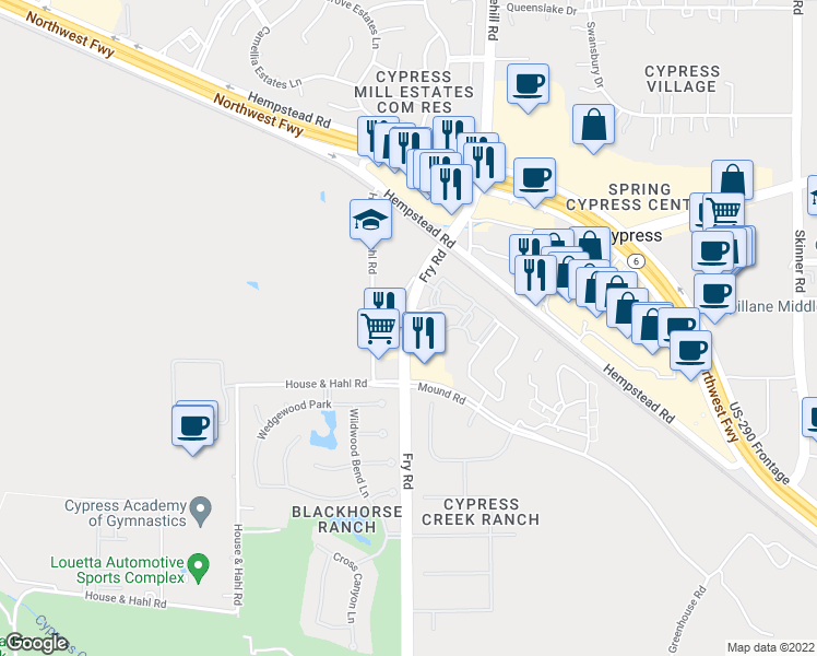 map of restaurants, bars, coffee shops, grocery stores, and more near 12908 Fry Road in Cypress