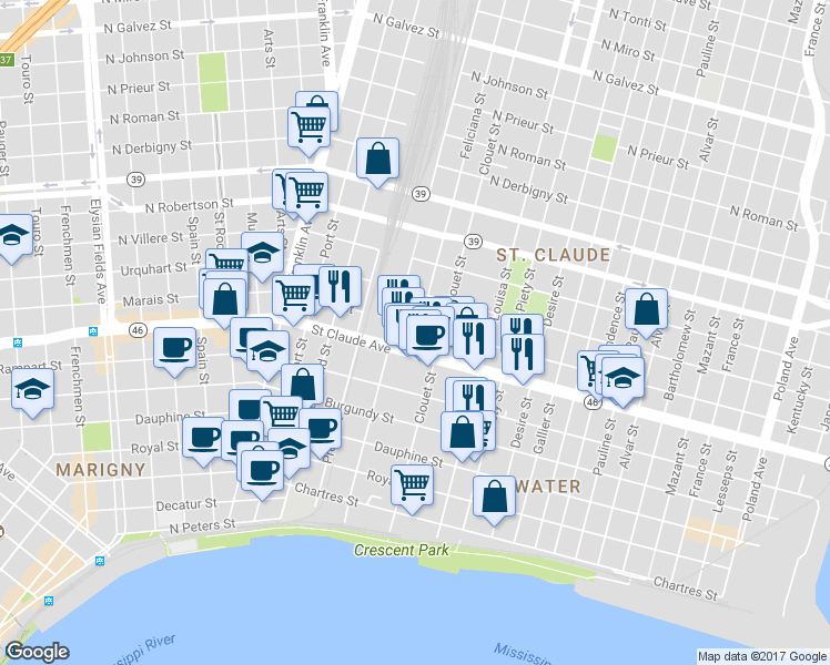 map of restaurants, bars, coffee shops, grocery stores, and more near 3032 Marais Street in New Orleans