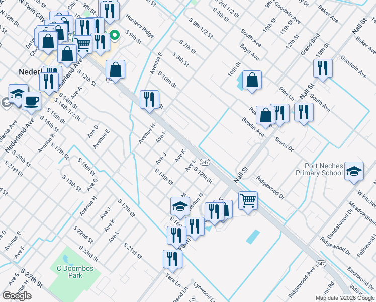 map of restaurants, bars, coffee shops, grocery stores, and more near 1208 S Twin City Hwy in Nederland