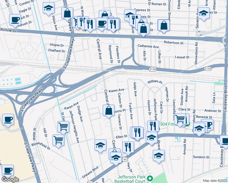 map of restaurants, bars, coffee shops, grocery stores, and more near 4314 Karen Avenue in Jefferson