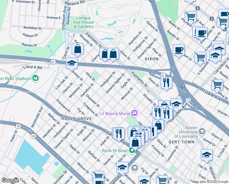 map of restaurants, bars, coffee shops, grocery stores, and more near 8810 Edinburgh Street in New Orleans