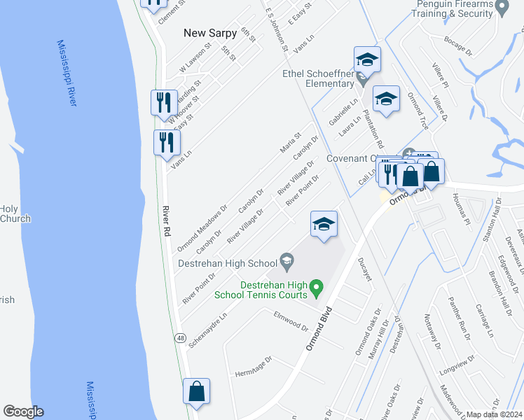 map of restaurants, bars, coffee shops, grocery stores, and more near 249 River Village Drive in Destrehan