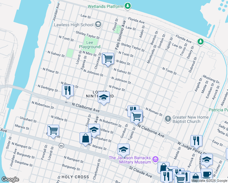 map of restaurants, bars, coffee shops, grocery stores, and more near 1821 Lamanche Street in New Orleans