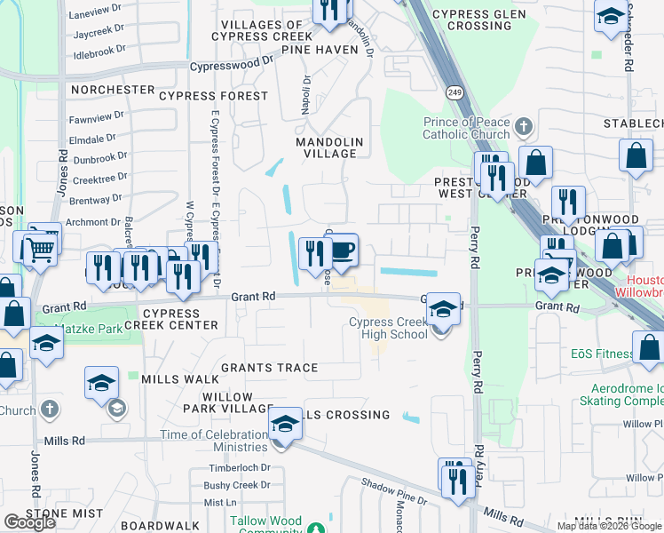 map of restaurants, bars, coffee shops, grocery stores, and more near 10231 Thornleaf Lane in Houston