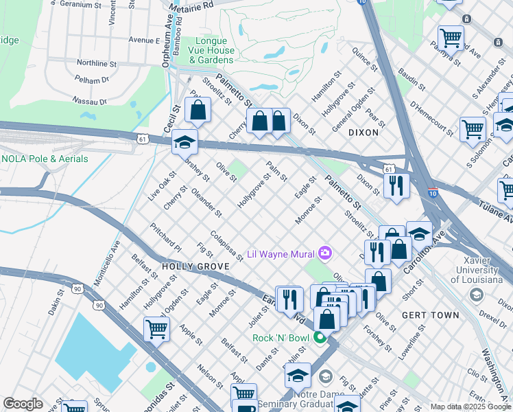 map of restaurants, bars, coffee shops, grocery stores, and more near 8910 Olive Street in New Orleans