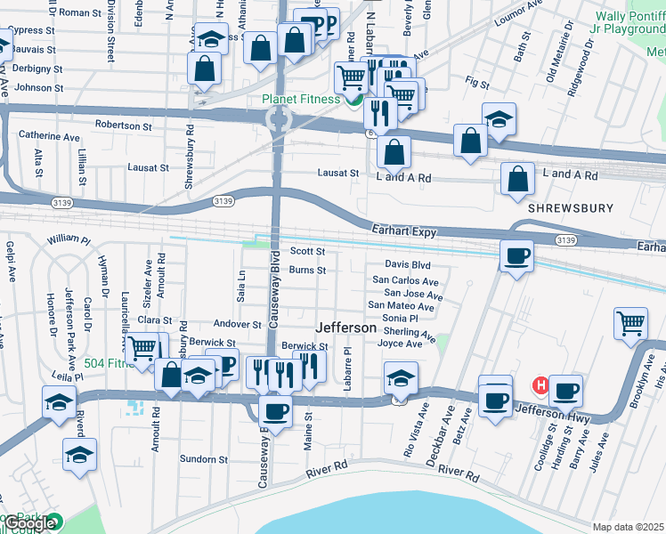 map of restaurants, bars, coffee shops, grocery stores, and more near 1405 Claiborne Drive in Jefferson