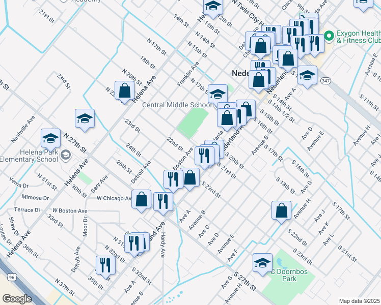 map of restaurants, bars, coffee shops, grocery stores, and more near 220 North 22nd Street in Nederland