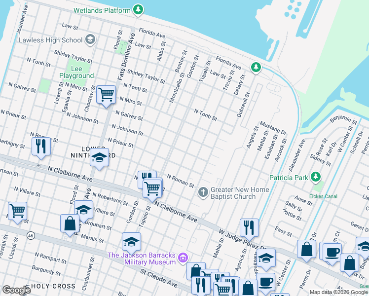 map of restaurants, bars, coffee shops, grocery stores, and more near 2008 Saint Maurice Avenue in New Orleans