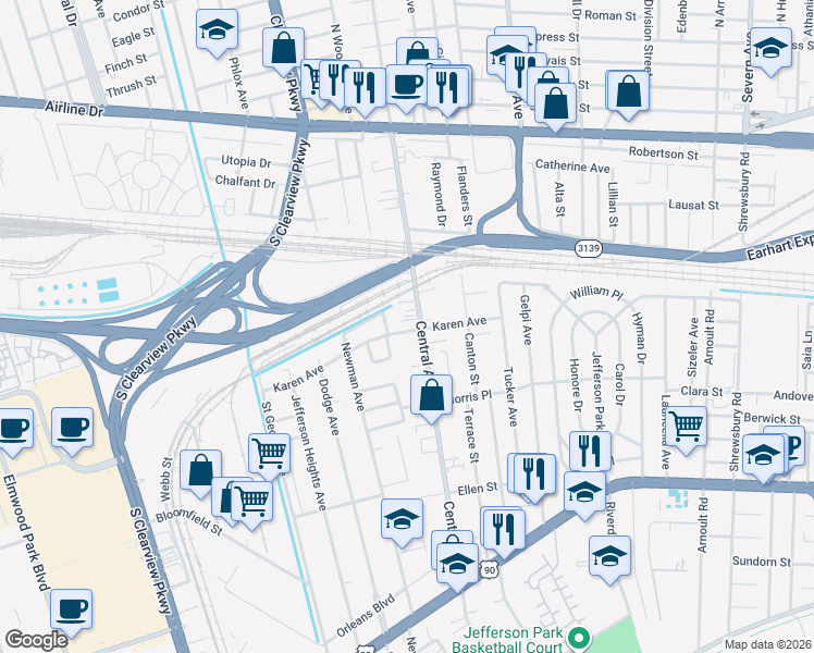 map of restaurants, bars, coffee shops, grocery stores, and more near 800 Central Avenue in Jefferson