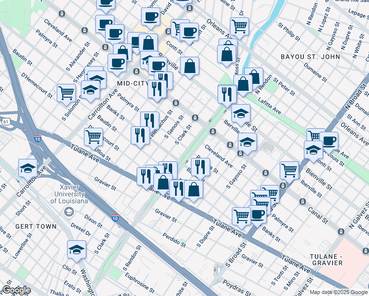 map of restaurants, bars, coffee shops, grocery stores, and more near 301 South Norman C Francis Parkway in New Orleans