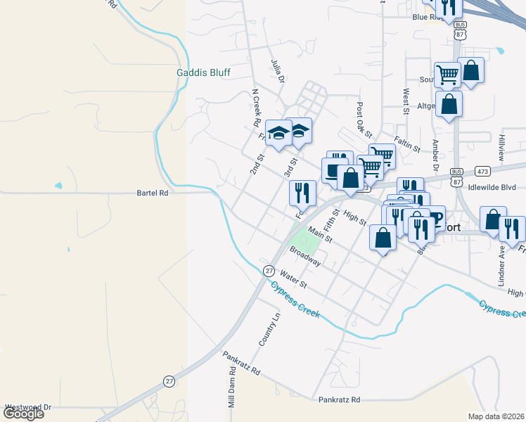 map of restaurants, bars, coffee shops, grocery stores, and more near 322 3rd Street in Comfort