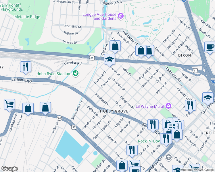 map of restaurants, bars, coffee shops, grocery stores, and more near 9208 Colapissa Street in New Orleans
