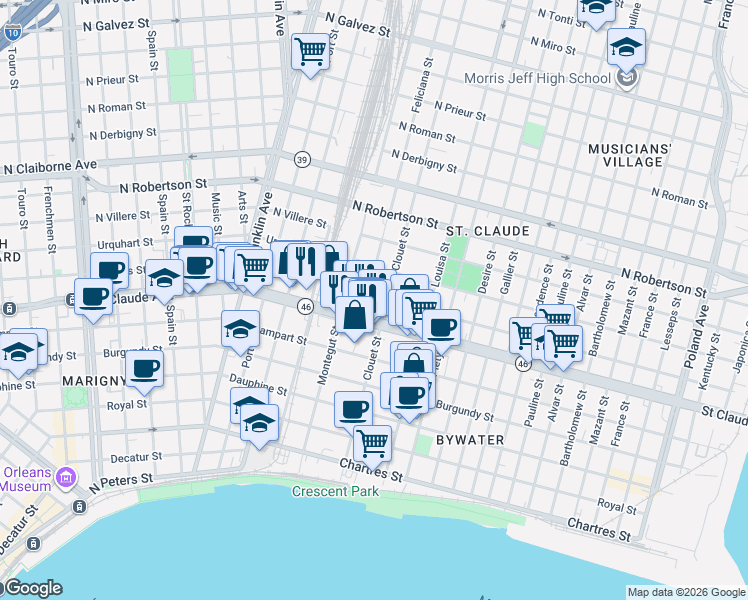 map of restaurants, bars, coffee shops, grocery stores, and more near 3032 Marais Street in New Orleans