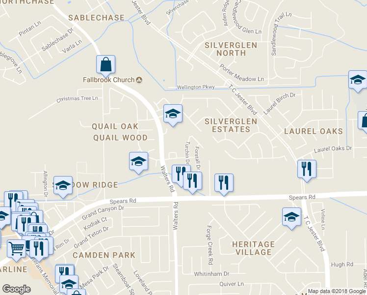 map of restaurants, bars, coffee shops, grocery stores, and more near 12323 Turchin Drive in Houston