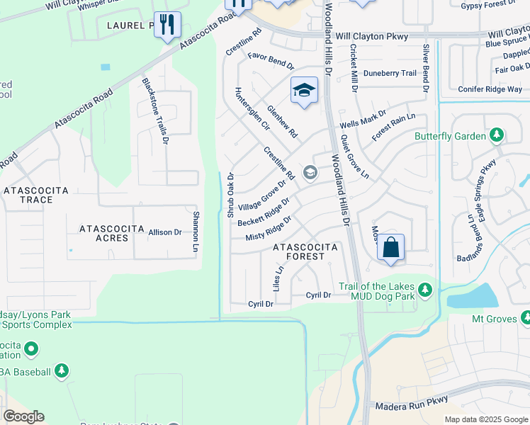 map of restaurants, bars, coffee shops, grocery stores, and more near 3702 Beckett Ridge Drive in Humble