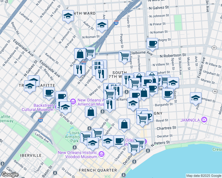 map of restaurants, bars, coffee shops, grocery stores, and more near in New Orleans