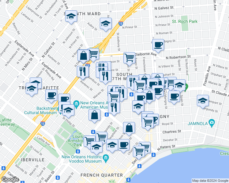 map of restaurants, bars, coffee shops, grocery stores, and more near in New Orleans