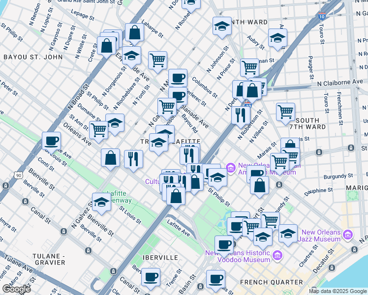 map of restaurants, bars, coffee shops, grocery stores, and more near 1835 Ursulines Avenue in New Orleans