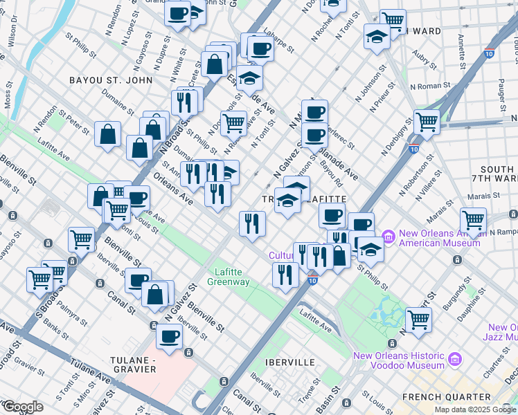 map of restaurants, bars, coffee shops, grocery stores, and more near in New Orleans