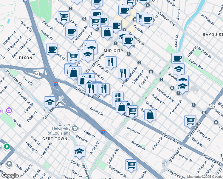 map of restaurants, bars, coffee shops, grocery stores, and more near 3720 Baudin Street in New Orleans