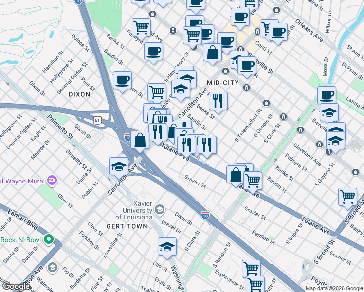 map of restaurants, bars, coffee shops, grocery stores, and more near 3917 Ulloa Street in New Orleans