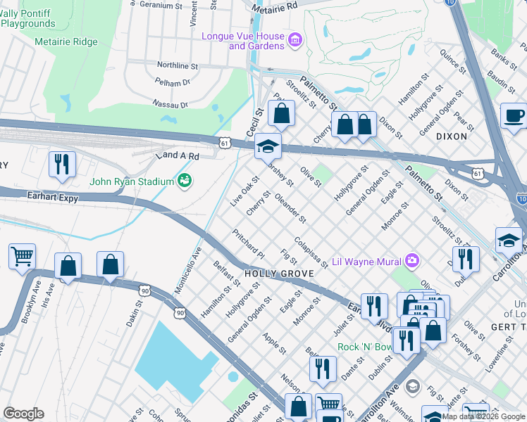 map of restaurants, bars, coffee shops, grocery stores, and more near 9208 Colapissa Street in New Orleans