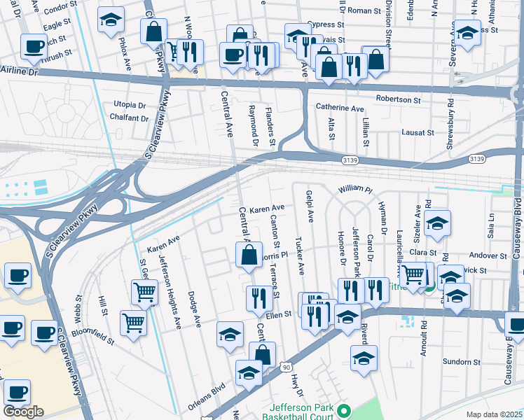 map of restaurants, bars, coffee shops, grocery stores, and more near 4314 Karen Avenue in Jefferson