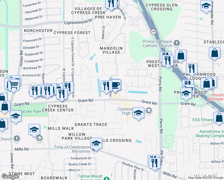 map of restaurants, bars, coffee shops, grocery stores, and more near 10231 Thornleaf Lane in Houston