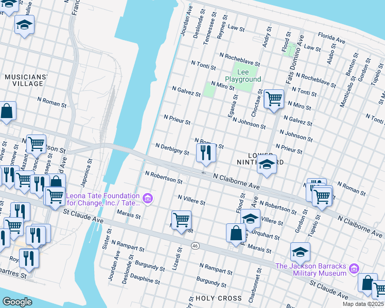 map of restaurants, bars, coffee shops, grocery stores, and more near 5035 North Derbigny Street in New Orleans