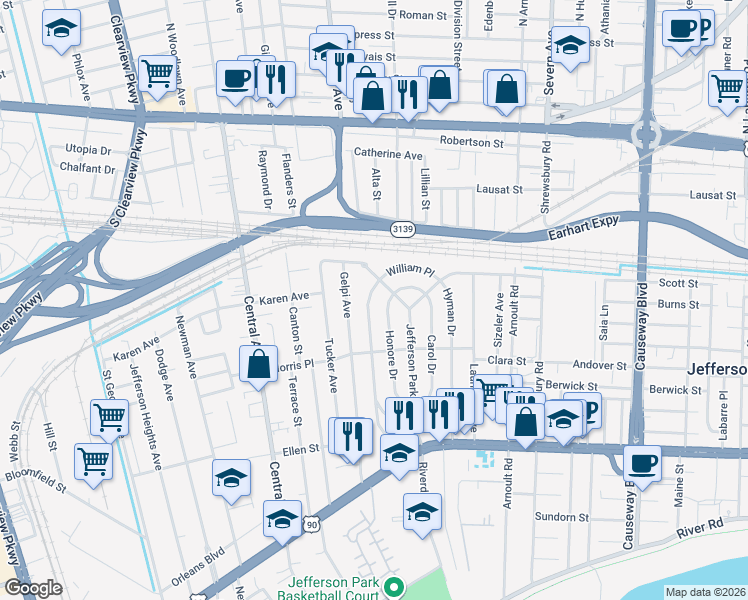 map of restaurants, bars, coffee shops, grocery stores, and more near 627 Julius Avenue in Jefferson