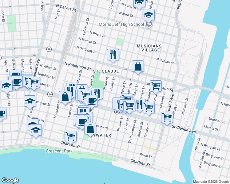 map of restaurants, bars, coffee shops, grocery stores, and more near 3425 Urquhart Street in New Orleans