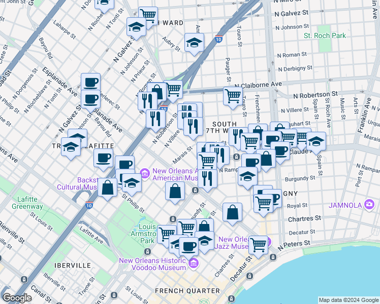 map of restaurants, bars, coffee shops, grocery stores, and more near 1462 Marais Street in New Orleans