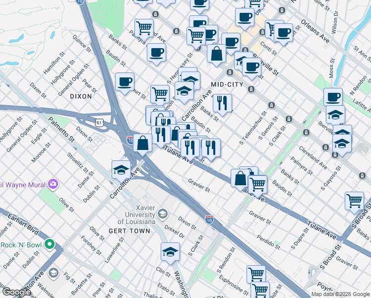 map of restaurants, bars, coffee shops, grocery stores, and more near 3917 Ulloa Street in New Orleans