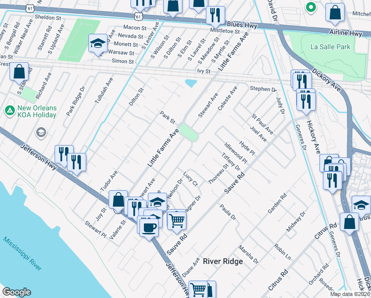 map of restaurants, bars, coffee shops, grocery stores, and more near 424 Celeste Avenue in River Ridge